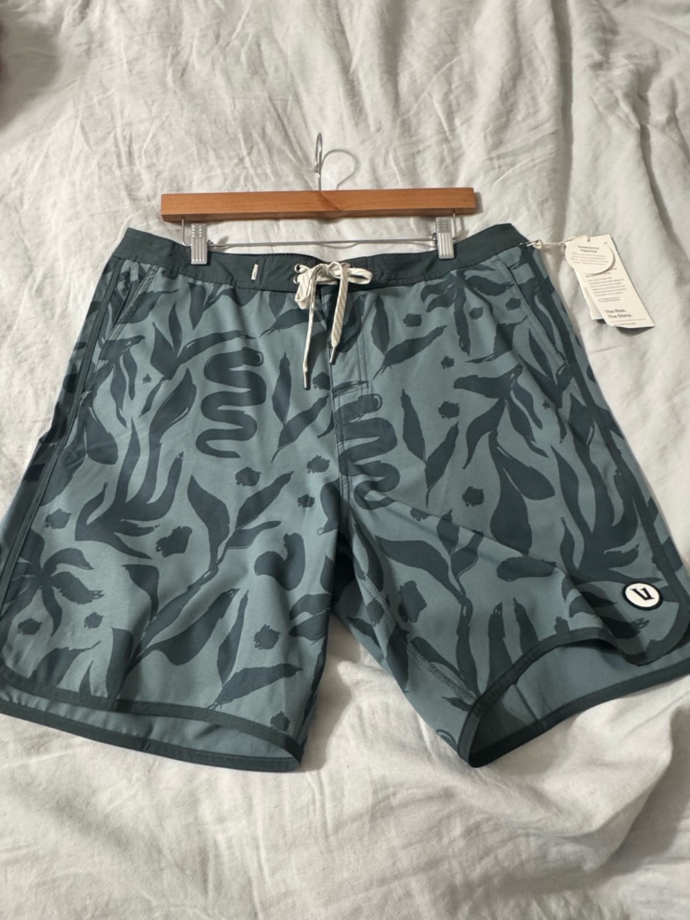 Vuori Teal Green Botanical-Print Board Shorts